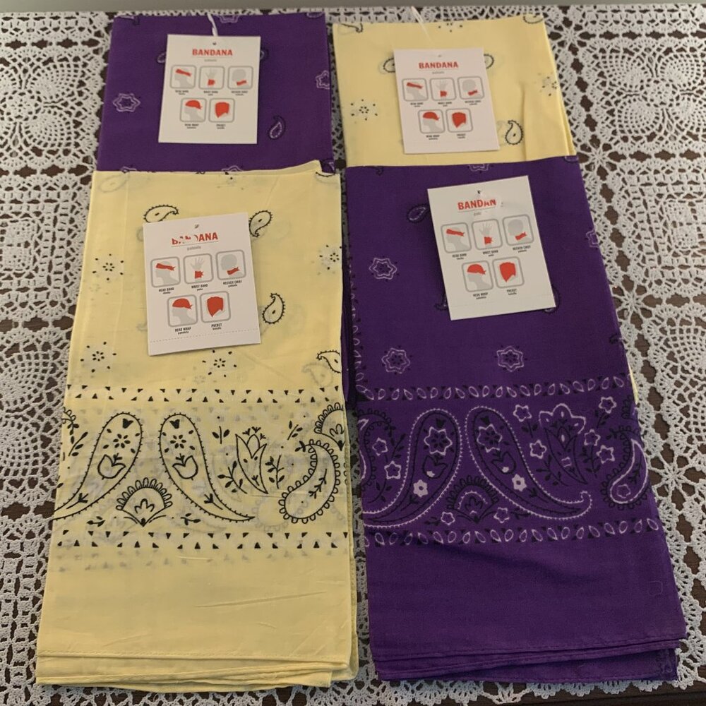 Four Brand New Traditional Bandanas Purple Yellow 22" x 22" Square Cotton NWT